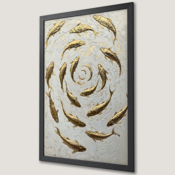 Framed Poster featuring golden fish art on a textured white background. Elegant, modern style with a neutral color palette. Perfect wall decor!