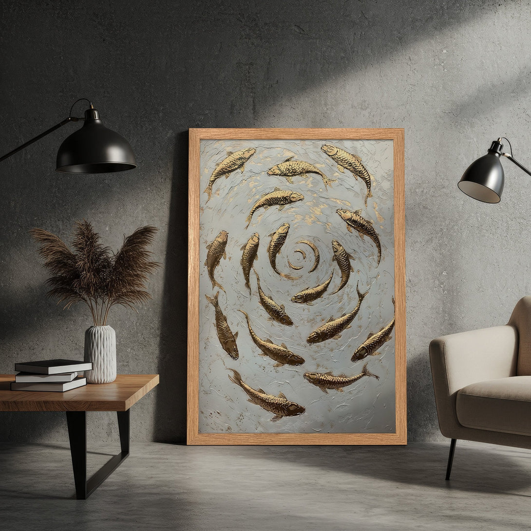 Framed Poster featuring gold fish art on a light blue background. Modern style with neutral color palette. Perfect for home decor.