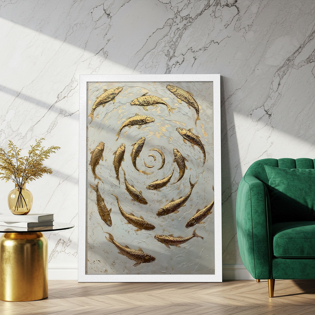 Framed Poster featuring gold fish art with a textured style and a serene, neutral color palette. Perfect wall decor!