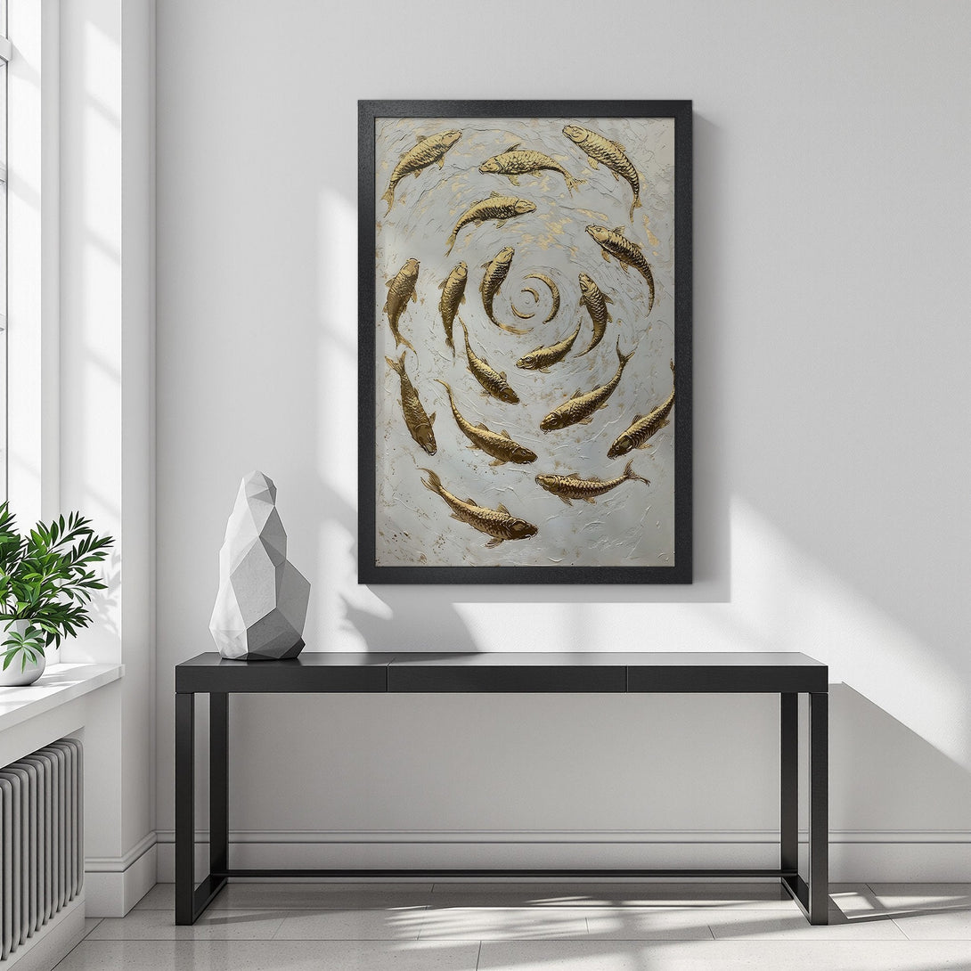 Framed Poster featuring gold fish art on a white and gray background, perfect for modern home decor.