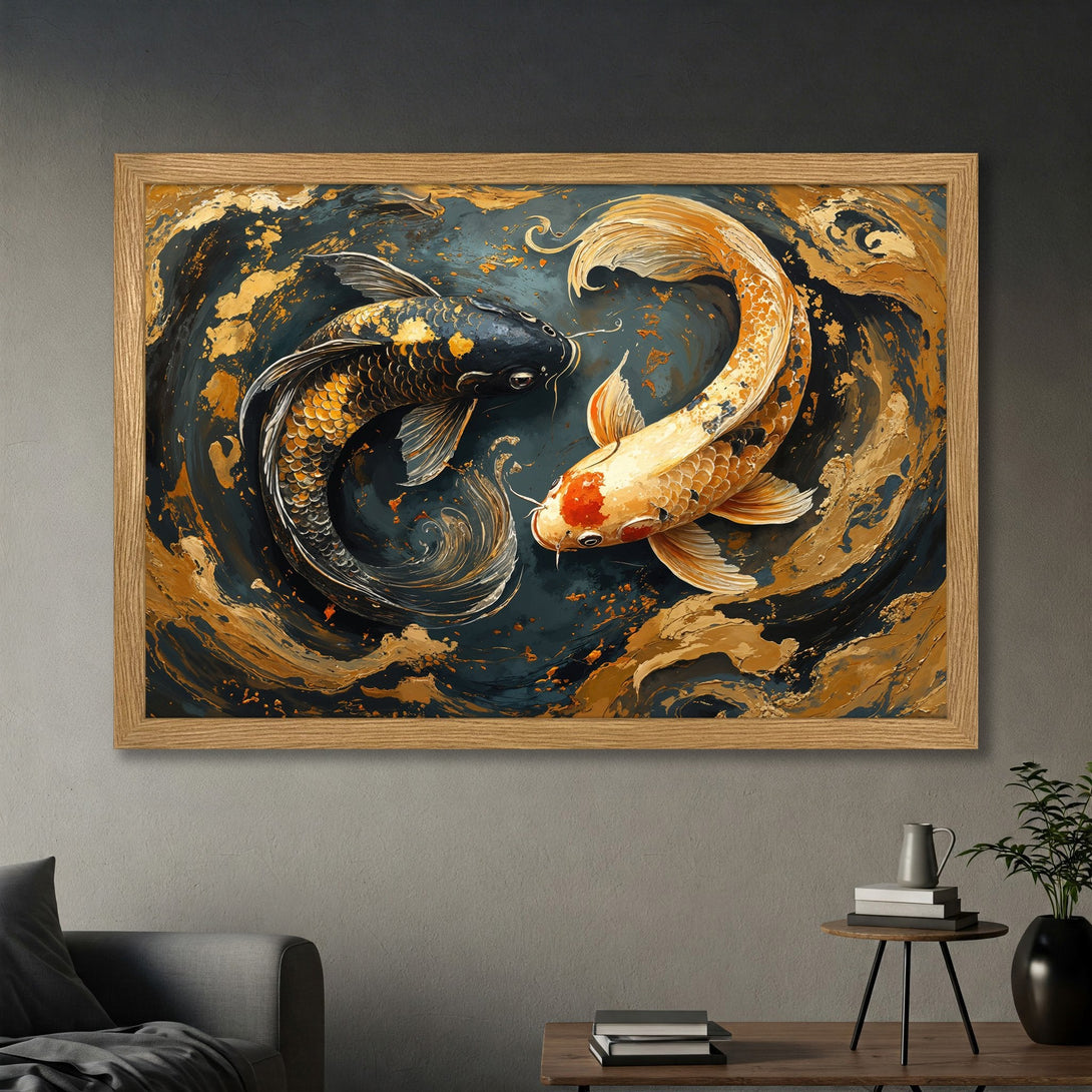 Framed Poster featuring koi fish in an abstract style with a gold, navy, and orange color palette, perfect wall art for your home.