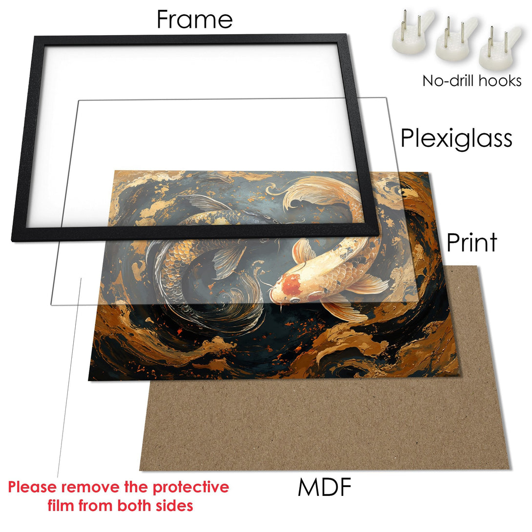 Framed Poster featuring koi fish art in a modern style with a gold, black, and teal color palette. Perfect wall decor!