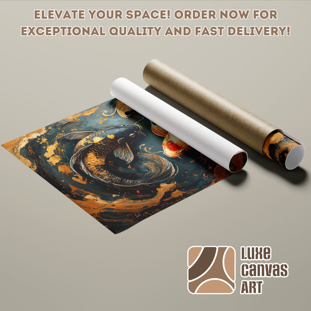 Poster Roll featuring koi fish artwork in a teal and gold color palette. Elevate your space!