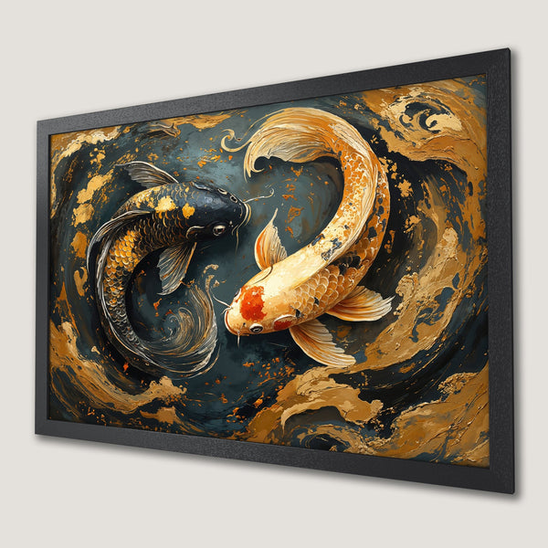 Framed Poster featuring koi fish in a dynamic, abstract style with a teal, gold, and black color palette. Perfect wall art!