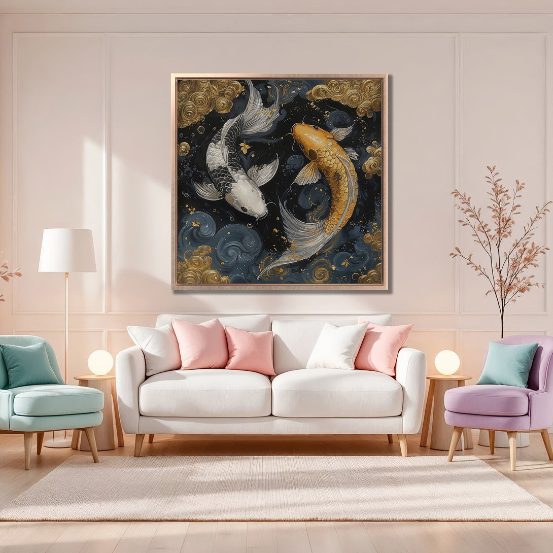 Framed Wall Art: Koi fish painting in a serene interior. Features a dark blue, gold, and white palette. Perfect for adding an elegant touch to any space.