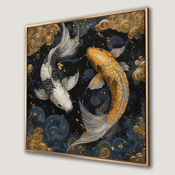Framed Wall Art: Koi fish painting in gold, white, and navy. Elegant, artistic style. Perfect for adding a touch of zen to your home decor.