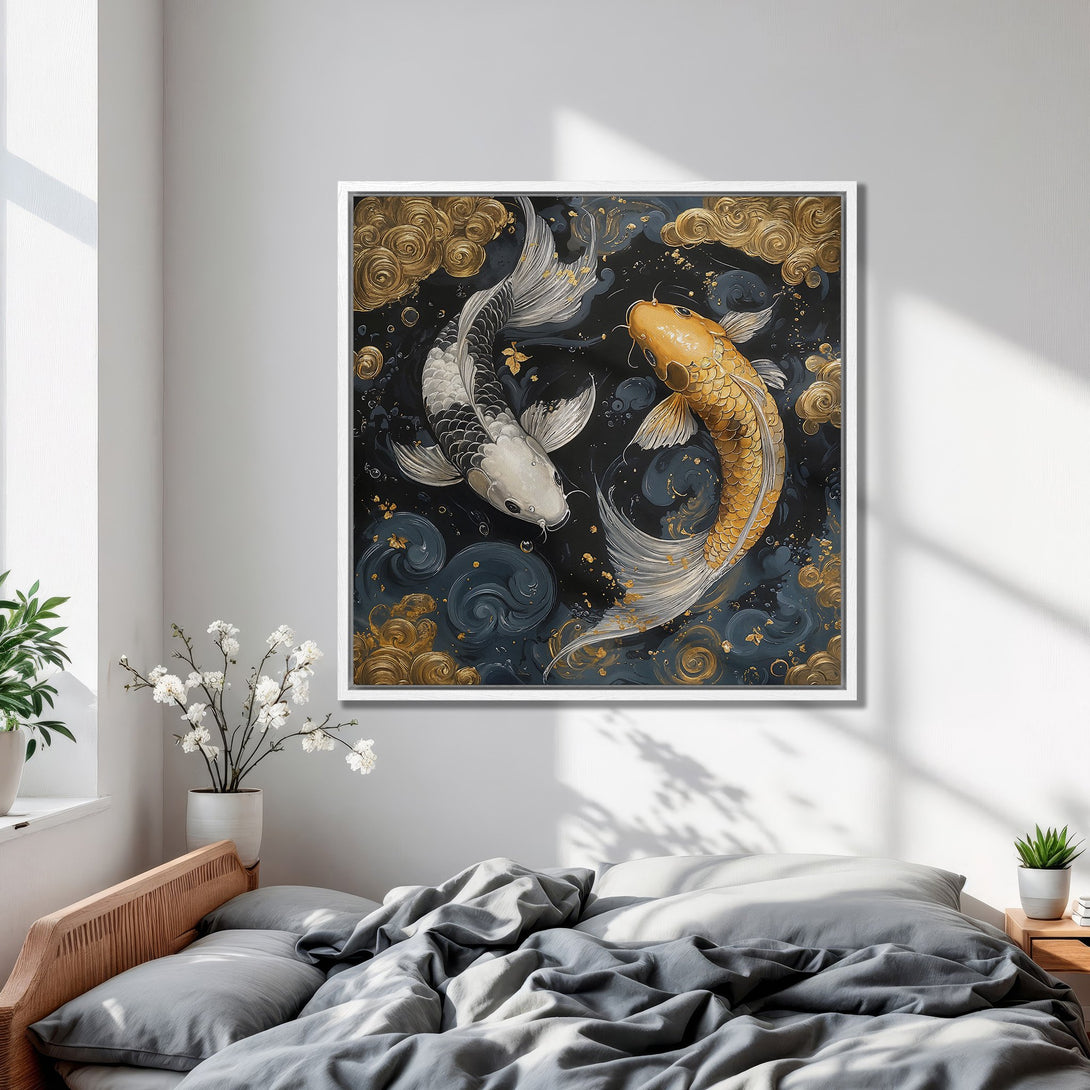 Framed Wall Art: Koi fish painting in a bedroom. Elegant Asian-inspired art with gold, black, and white palette. Transform your space with this stunning canvas print.