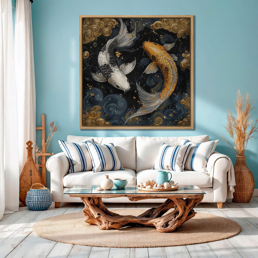 Framed Wall Art featuring koi fish in a serene, Asian-inspired style. The artwork uses a rich, dark blue and gold color palette to create a calming ambiance.