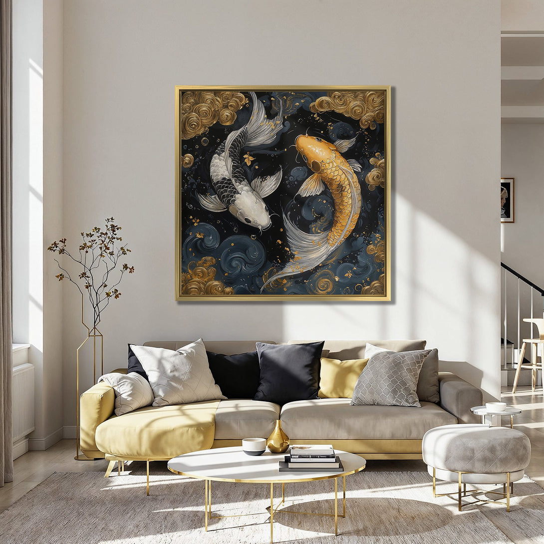 Canvas Print of koi fish in a Japanese style, featuring gold, black, and white hues. Perfect for adding a touch of elegance to your home decor.