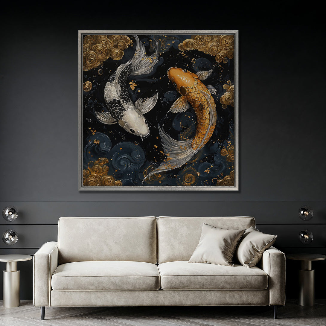 Framed Wall Art: Koi fish painting in gold, black, and white, perfect for adding a touch of elegance to your home decor. Shop now!