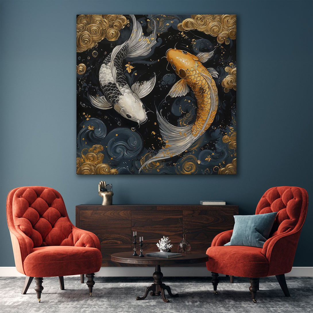 Framed Wall Art: Koi fish painting in a luxurious living room. Elegant style with gold, black, and blue color palette. Perfect for home decor.