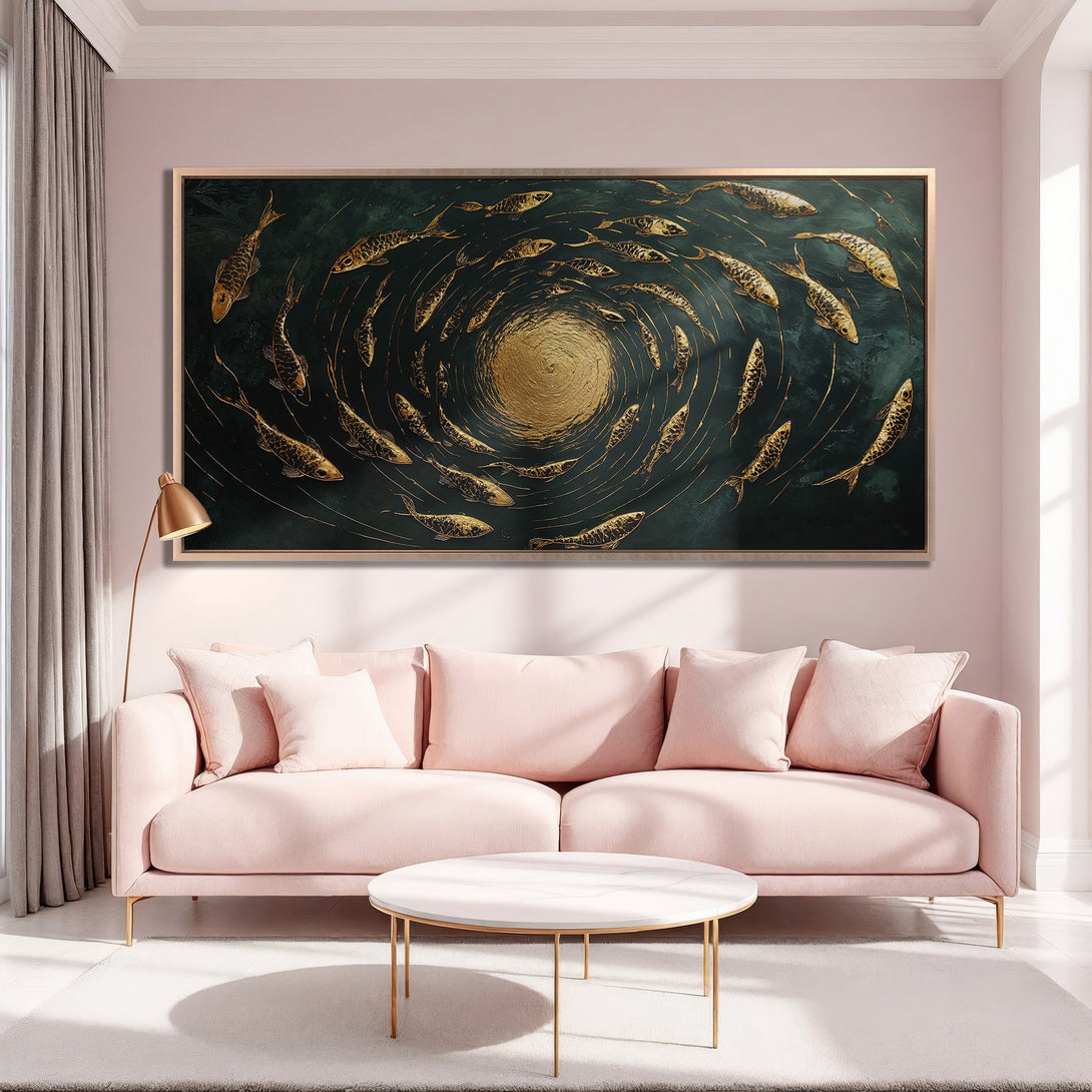 Framed Wall Art: Stunning gold fish painting on a dark teal background. Elegant, modern style with a luxurious color palette. Perfect for any interior.