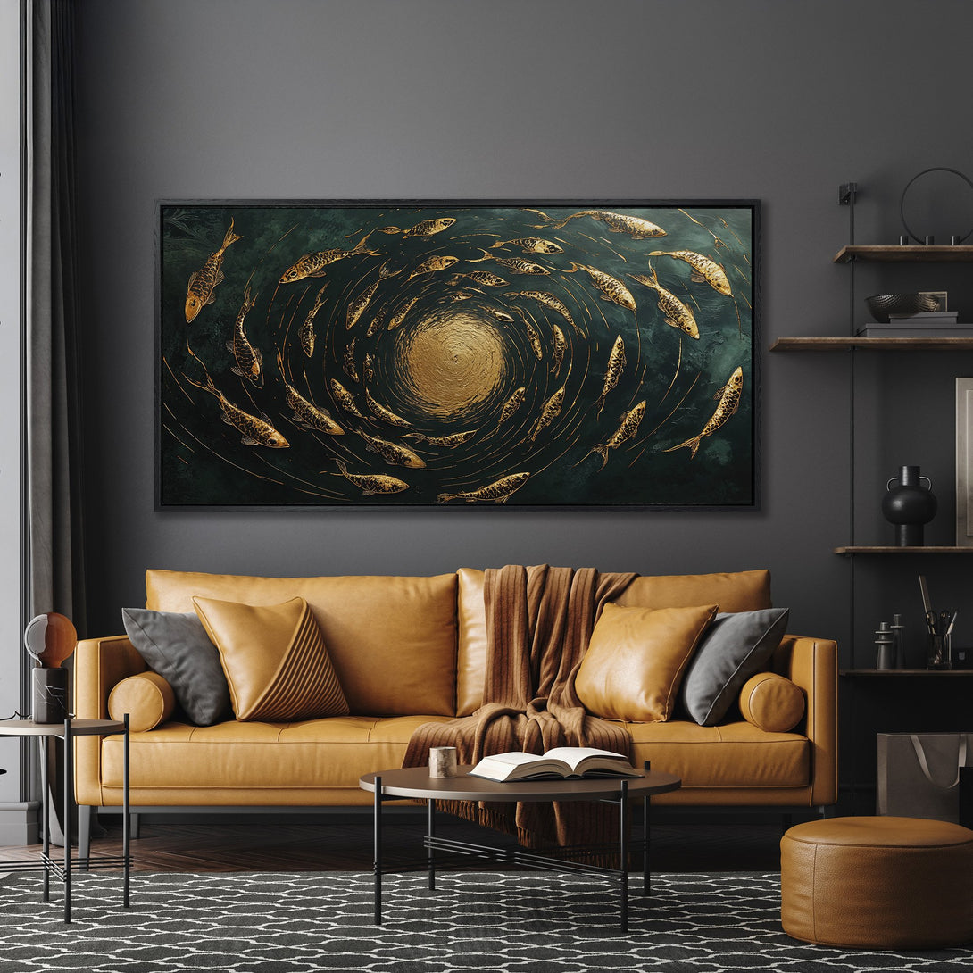 Framed Wall Art featuring a gold fish swirl on a teal background. Modern canvas print adds elegance to a dark, cozy living room.