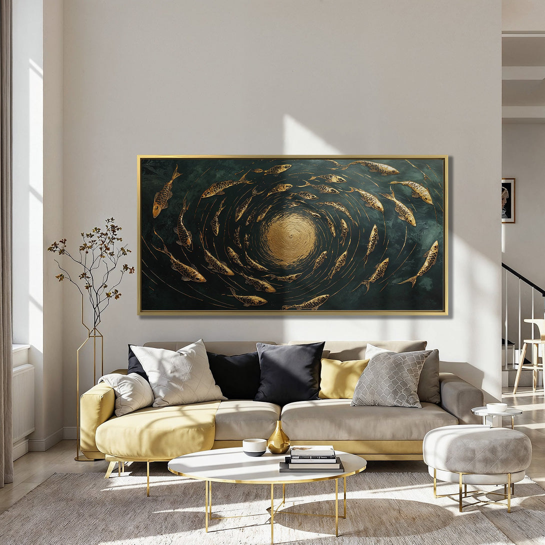 Canvas Print of a swirling school of golden fish on a dark teal background. Modern abstract art with rich, luxurious color palette.