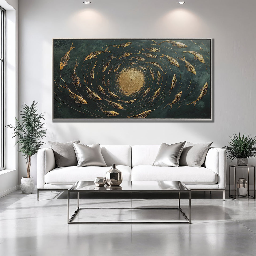 Framed Wall Art featuring a school of golden fish in a dark teal swirl. Modern, elegant Canvas Print with gold and teal color palette.