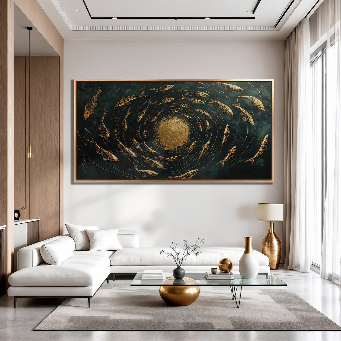 Framed Wall Art: Gold fish abstract art in a modern living room. Dark teal and gold color palette. Elevate your space with this stunning canvas print.