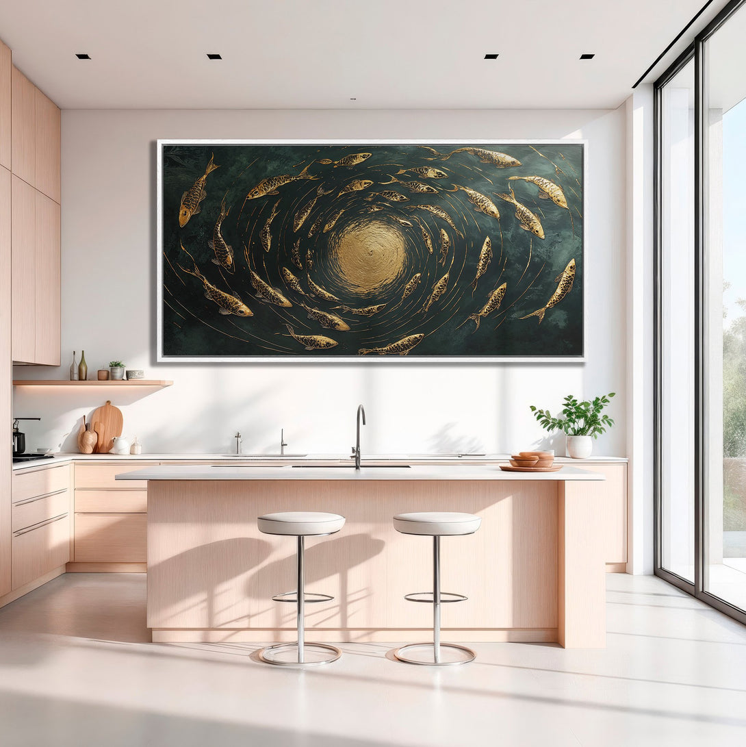 Framed Wall Art: Stunning gold fish swirl Canvas Print on a dark teal background. Modern art for your home, bringing elegance and style.