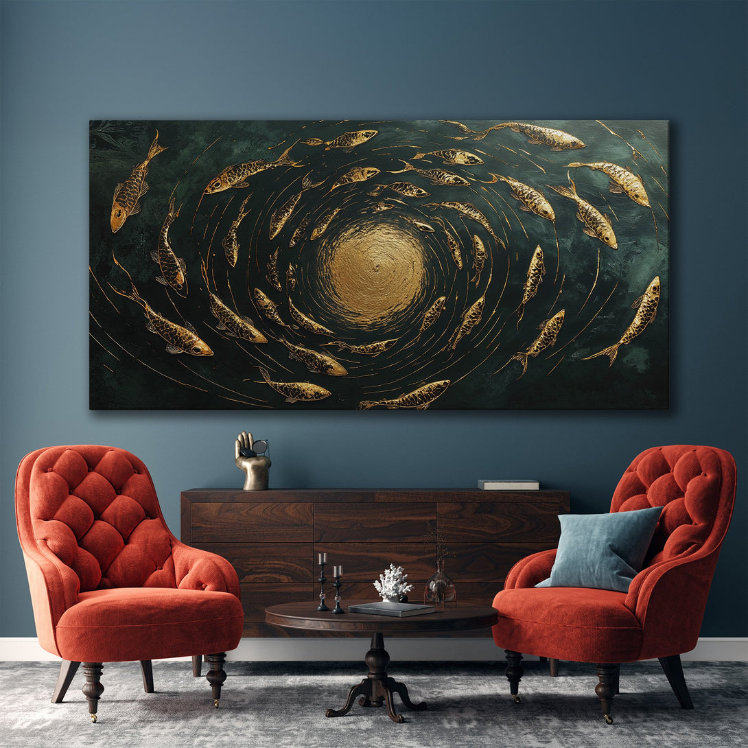 Framed Wall Art featuring a swirling school of golden fish on a dark teal background. Modern art piece with gold accents, perfect for home decor.