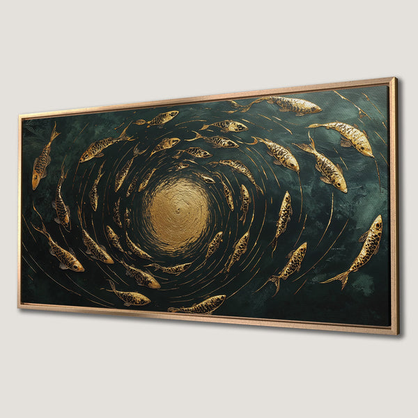 Framed Wall Art featuring a swirling school of golden fish on a dark teal background. Modern, abstract design with a luxurious, elegant color palette.