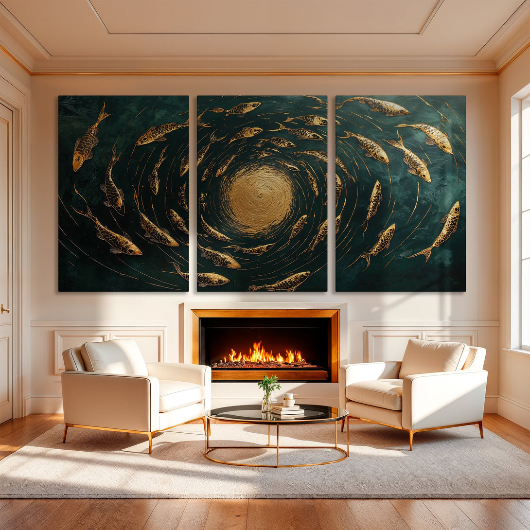 Canvas Print of swirling golden fish on a teal background, perfect for adding a touch of elegance to your home decor.