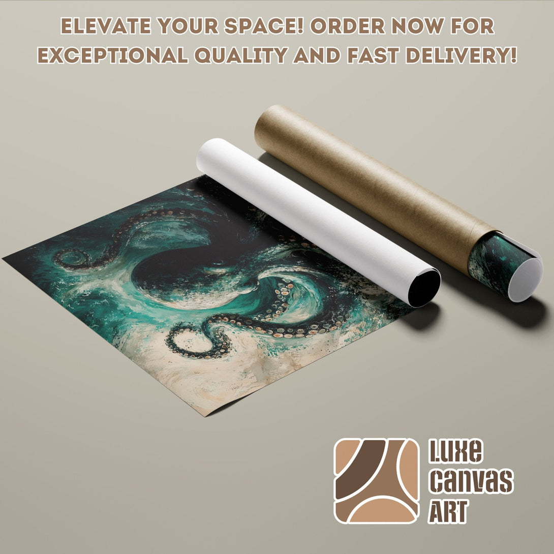 Abstract octopus art Poster Roll in teal & beige tones. Elevate your space with Luxe Canvas Art!