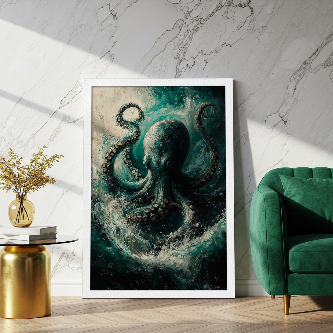Framed Poster: Abstract octopus art in teal and white. Perfect wall decor for a modern home. Add this stunning poster to your collection!