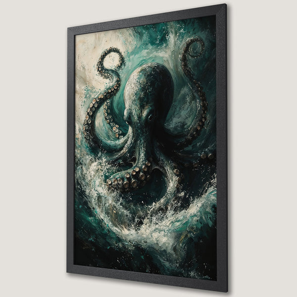 Framed Poster featuring an octopus in an artistic, watercolor style with a teal and dark blue color palette. Perfect wall art.