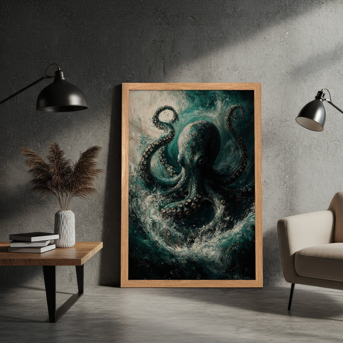 Framed Poster featuring an octopus in a dark, artistic style with a teal and white color palette. Perfect wall art!