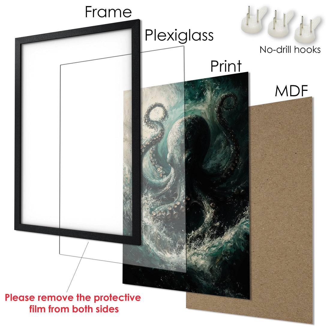 Framed Poster featuring an octopus in a dark teal and white color palette. Perfect art for your home!