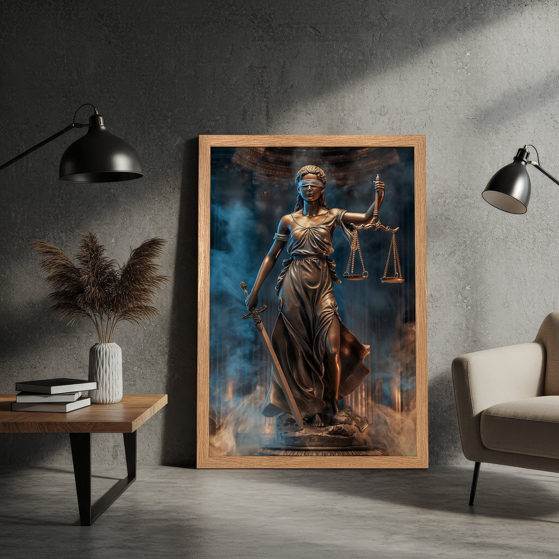 Framed Poster featuring Lady Justice statue, bronze tones with blue and gold accents, contemporary style. Perfect wall art.