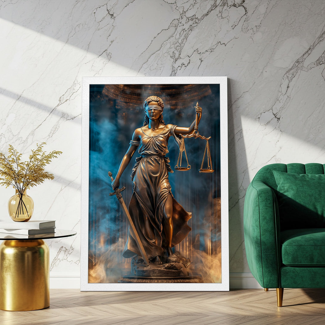 Framed Poster featuring Lady Justice statue. Bronze tones with blue and gold accents. Perfect for law offices or home decor.