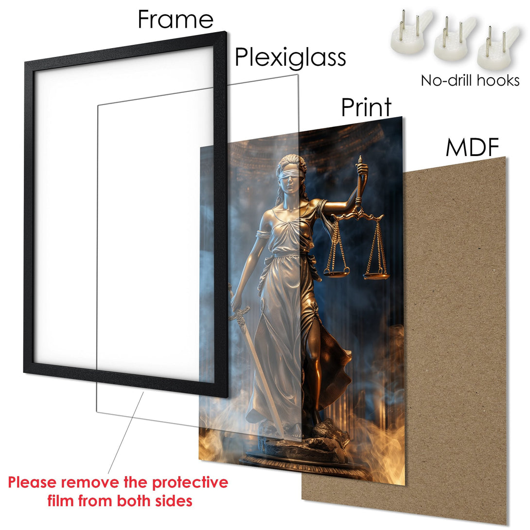 Framed Poster featuring Lady Justice, bronze and gold tones with a dark background. Perfect art for your home or office.