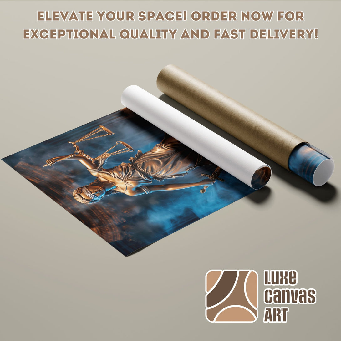 Poster Roll featuring Lady Justice artwork, dramatic style, with gold and blue tones. Elevate your space with this stunning art!