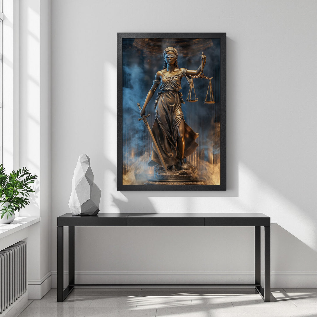 Framed Poster featuring Lady Justice statue, dramatic style, gold & blue color palette. Perfect wall art for home or office.