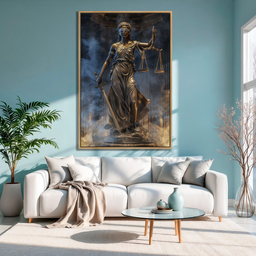 Framed Wall Art: Lady Justice Canvas Print in bronze tones, displayed in a modern living room with a teal and neutral color palette. Elevate your space!