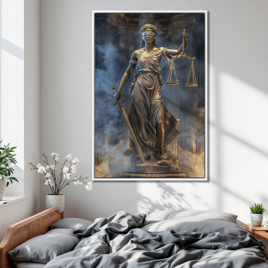 Framed Wall Art featuring Lady Justice statue in a bedroom. Bronze tones against a dramatic smoky backdrop. Add a touch of elegance to your space!