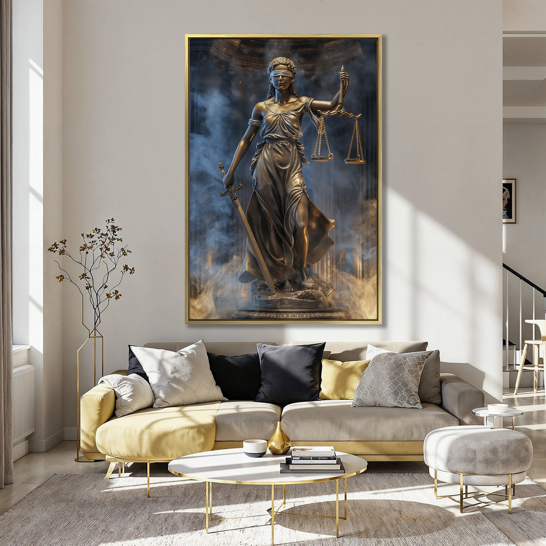Canvas Print of Lady Justice statue, bronze tones, dramatic lighting, displayed in a stylish interior with a pink wall.