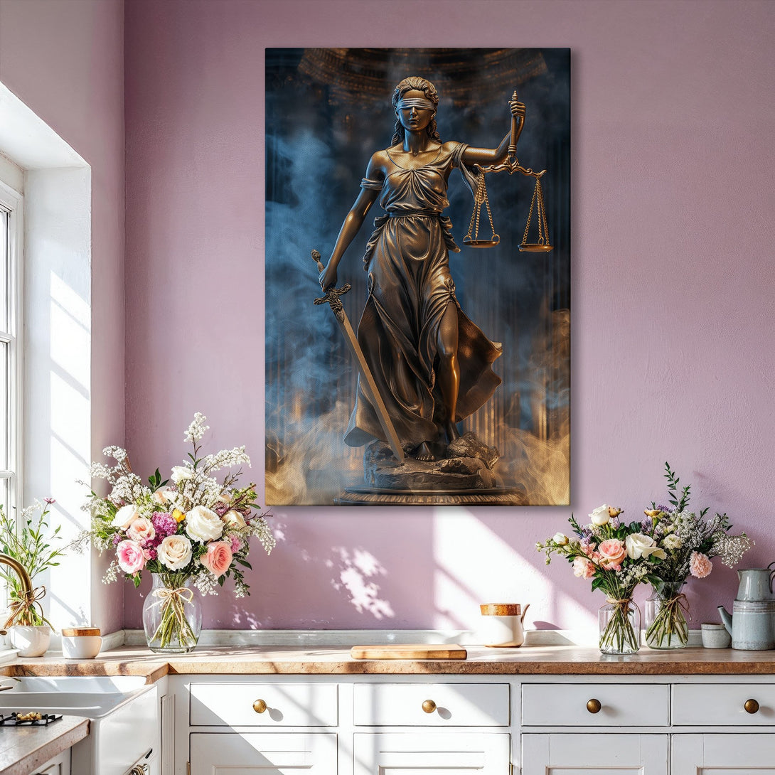 Framed Wall Art: Lady Justice Canvas Print in a modern living room. Bronze statue with a blue and gold color palette. Elevate your home decor!