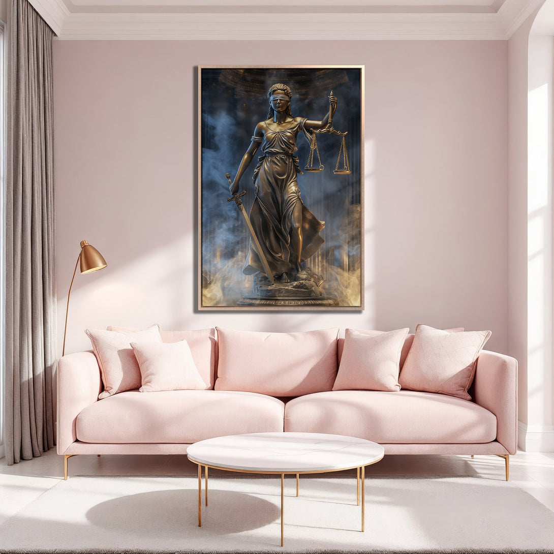 Framed Wall Art featuring Lady Justice sculpture in a modern living room with a pink and gold color palette. Elevate your space with this stunning art piece.