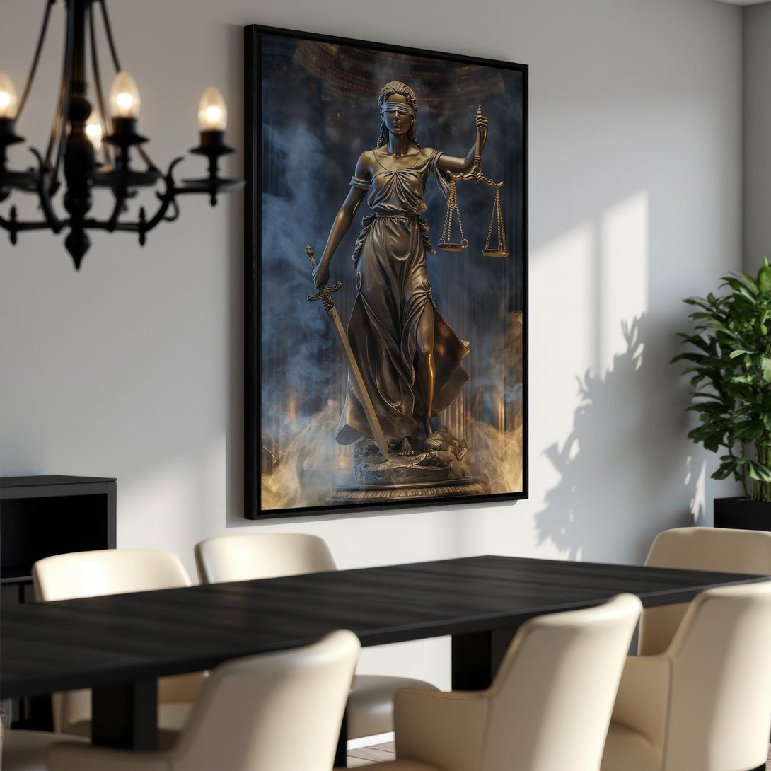 Framed Wall Art: Justice statue canvas print in a modern dining room. Bronze tones with blue and gold accents. Elevate your space with this stunning artwork.