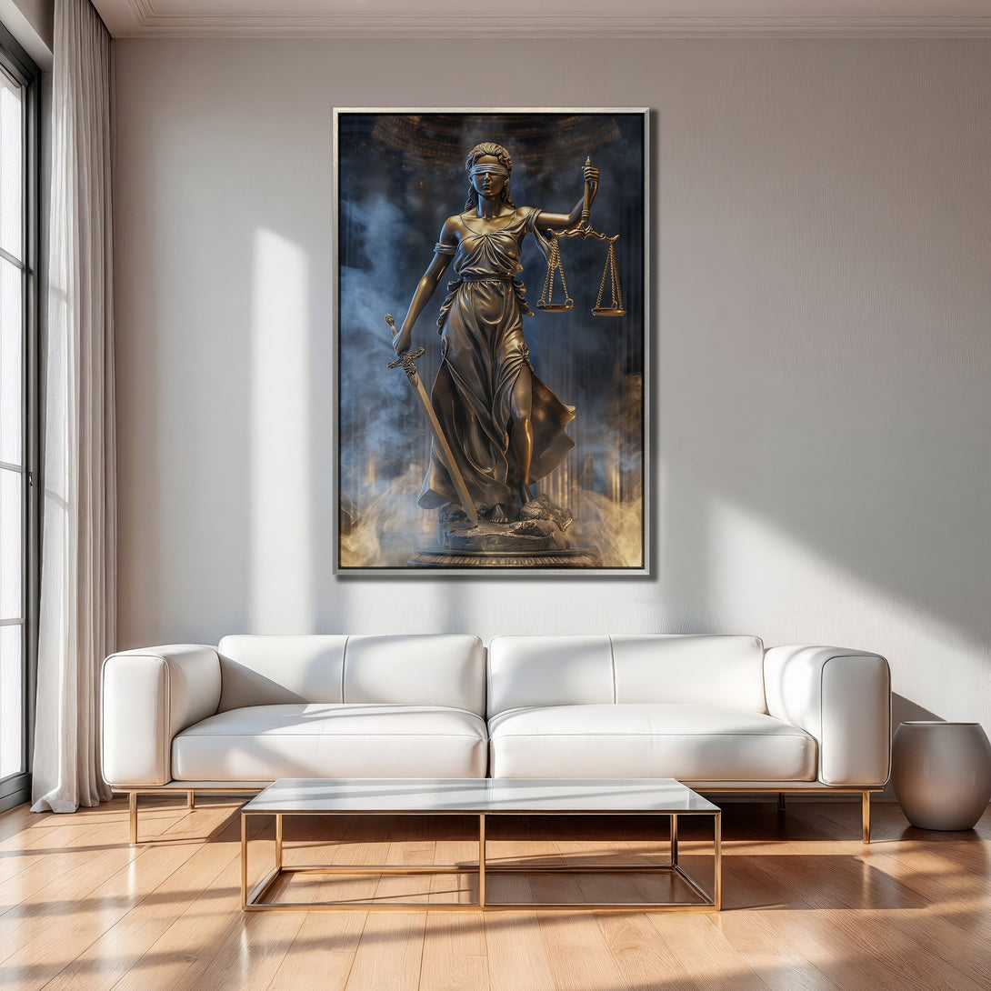 Framed Wall Art featuring Lady Justice statue in a modern interior. Bronze tones with blue and gold accents create a sophisticated aesthetic. Perfect for home decor.