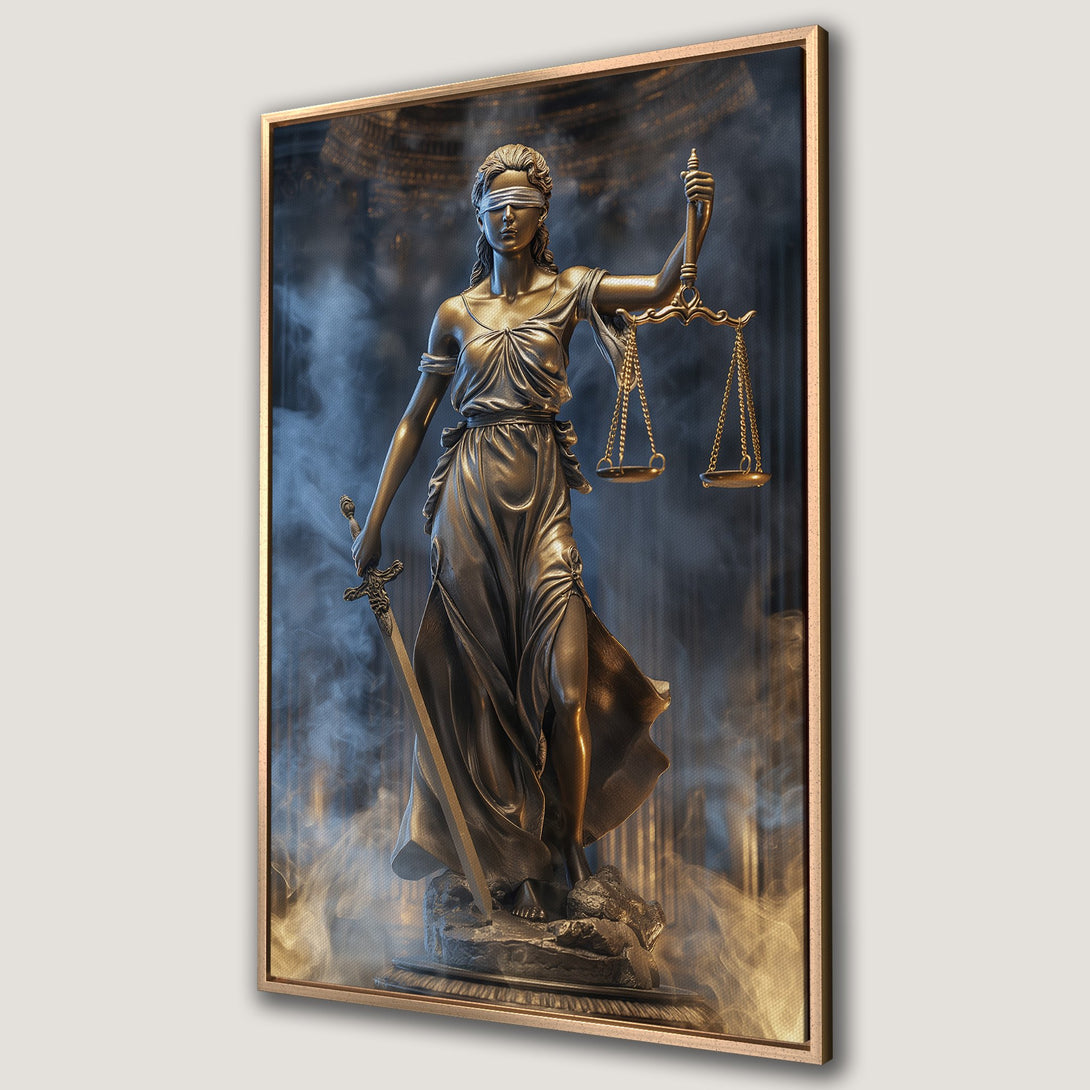 Framed Wall Art: Lady Justice canvas print. Bronze statue with scales and sword, set against a smoky blue and gold backdrop. Perfect for law offices!
