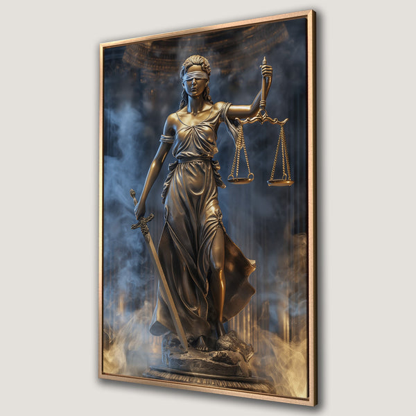 Framed Wall Art: Lady Justice canvas print. Bronze statue with scales and sword, set against a smoky blue and gold backdrop. Perfect for law offices!
