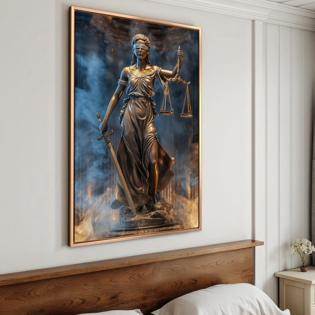 Framed Wall Art: Lady Justice Canvas Print in bronze tones. Elegant artwork for your home. Featuring a classic statue with a dramatic, smoky background.