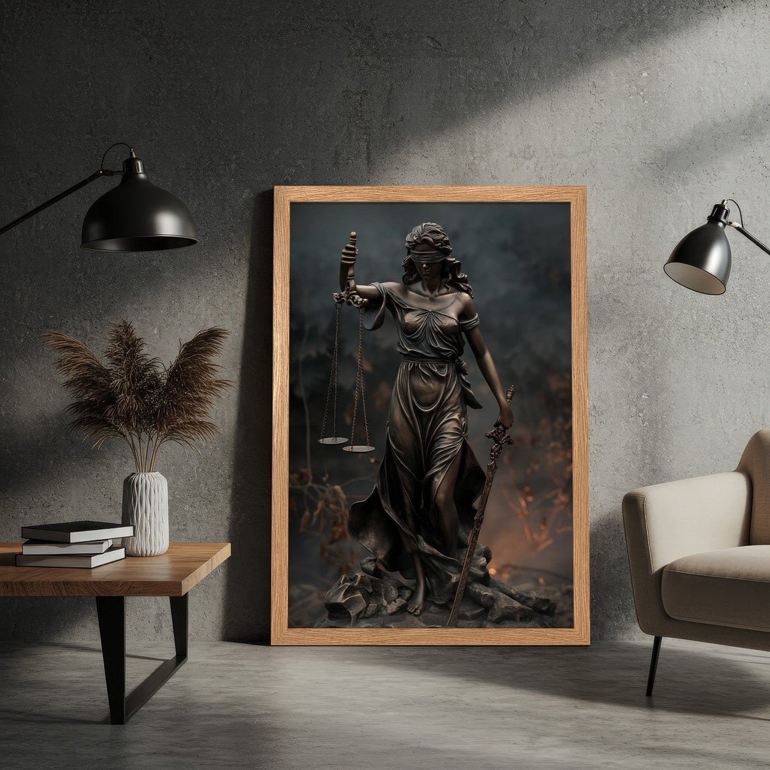 Framed Poster of Lady Justice statue in bronze tones. Perfect for law offices & home decor. Modern art print.
