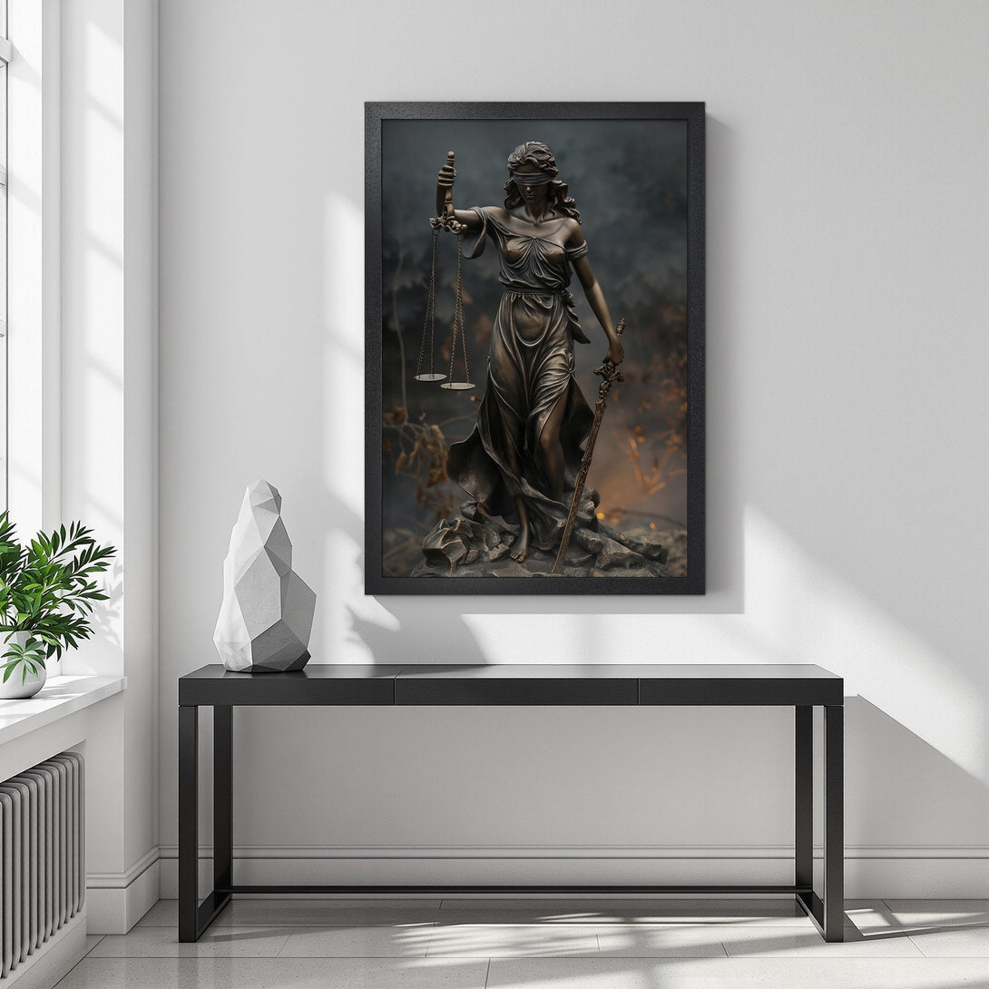 Framed Poster of Lady Justice statue, bronze tones on a dark background. Elegant art for your home.