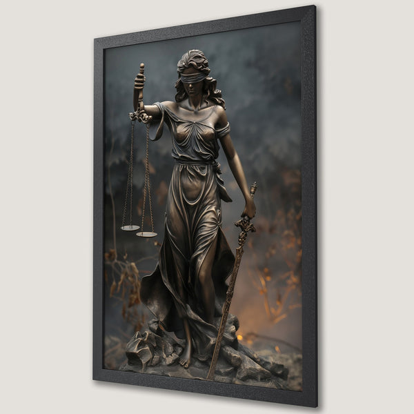 Framed Poster of Lady Justice statue. Bronze tones with a dark, moody background. Perfect wall art for law offices or home decor.