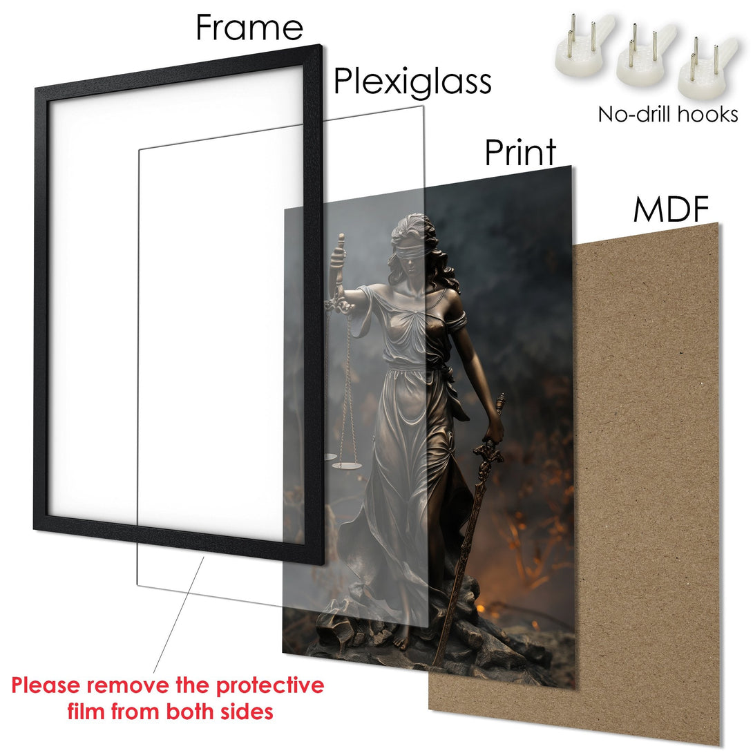 Framed Poster featuring Lady Justice statue, with a dark, moody color palette. Perfect for home decor!