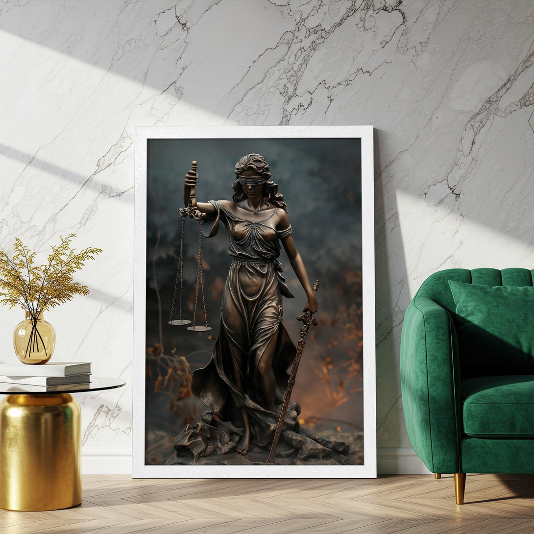 Framed Poster featuring Lady Justice statue in bronze tones. Elegant art print with a neutral, earthy color palette. Perfect for home decor.