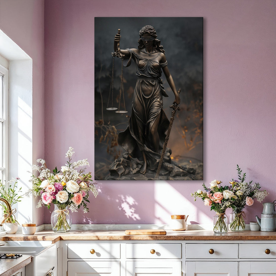 Framed Wall Art of Lady Justice sculpture in a modern living room. Bronze tones and neutral color palette. Elevate your space with stunning art.